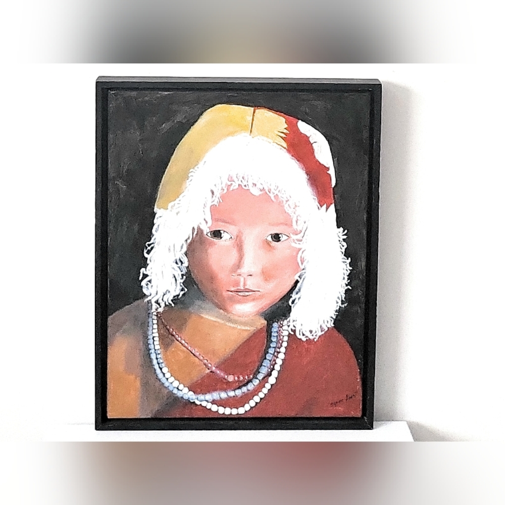Original Signed Oil On Canvas Depicting Girl With White Hair, Beeds